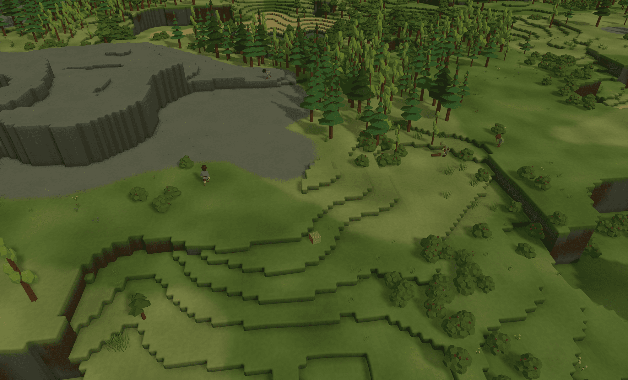 Outpost — a voxel frontier of forests, rock, and farmland with a colony's campfire at its heart
